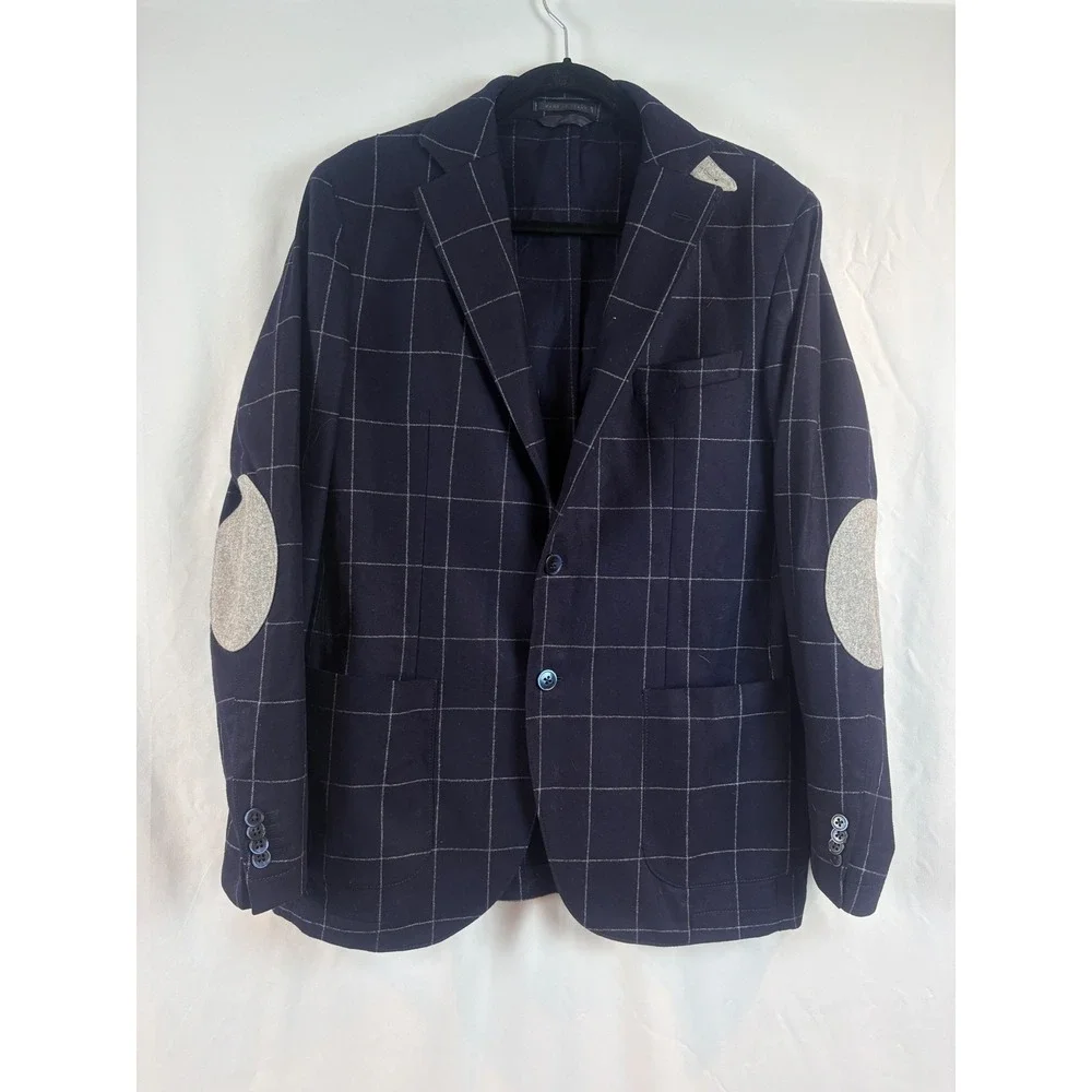 L.B.M. 1911 Italy Navy Blue Windowpane Virgin Wool Blazer Elbow Patches 52R 2892